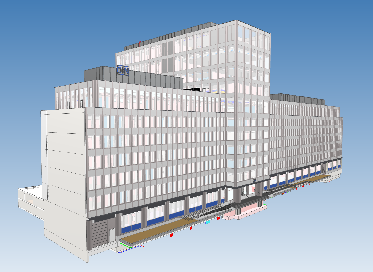 3D model of a large office building with modern architectural design marked with DIN logo.