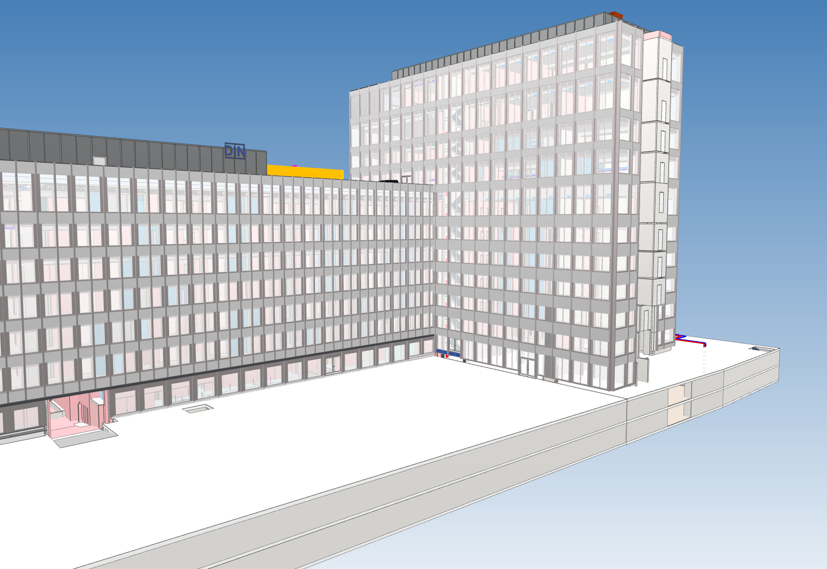 3D office building model with glass facade labeled with DIN logo, under clear sky.