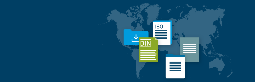 Documents labeled DIN and ISO on world map backdrop