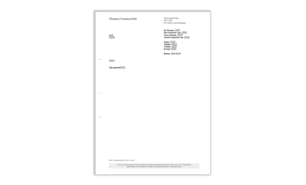 Briefvorlage mit Absenderinformationen und Datum auf Deutsch, mit einer Struktur für Textverarbeitung gemäß DIN 5008.