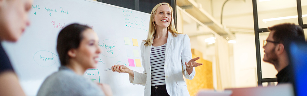Person spricht und gestikuliert vor einer Whiteboard-Tafel während eines Meetings.