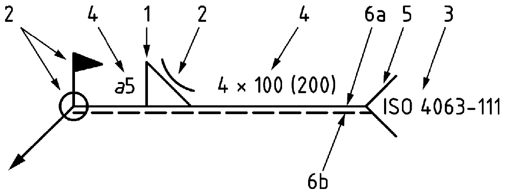 Schweißsymbol mit Pfeilen und Kennzeichnungen für Nahtdetails nach ISO 4063-111.