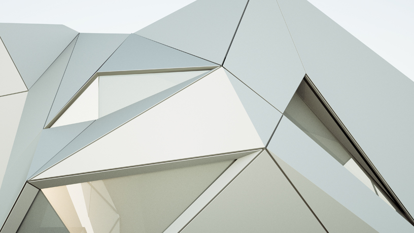 Moderne Architektur mit geometrischen Formen und klaren Linien in Weiß und Grau.
