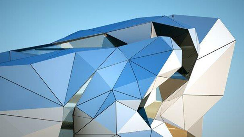 Gebäude mit einer futuristischen, geometrischen Fassade aus blauen und weißen Flächen.