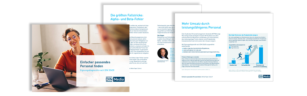 Seiten eines Whitepapers von DIN Media zur Personalauswahl mit Informationen und Diagrammen.