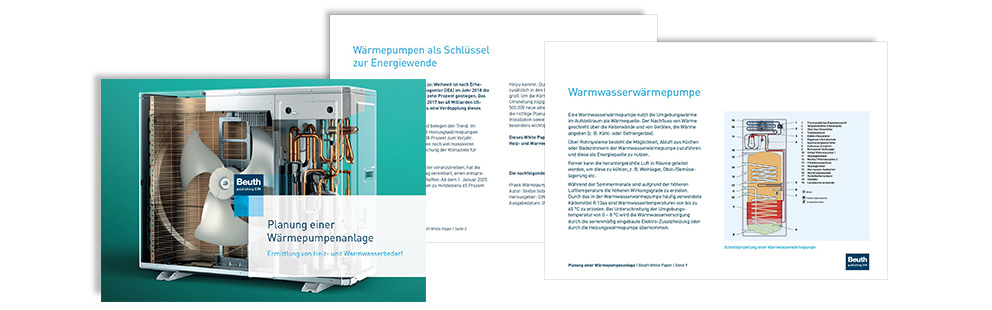 Zwei Seiten eines White Paper über Wärmepumpen mit technischen Illustrationen und Texten zur Planung und Funktion.