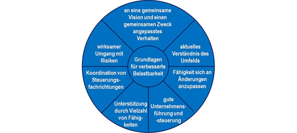 ISO 22316: Vision, Umfeld, Anpassung, Führung, Unterstützung, Risiko, Koordination.
