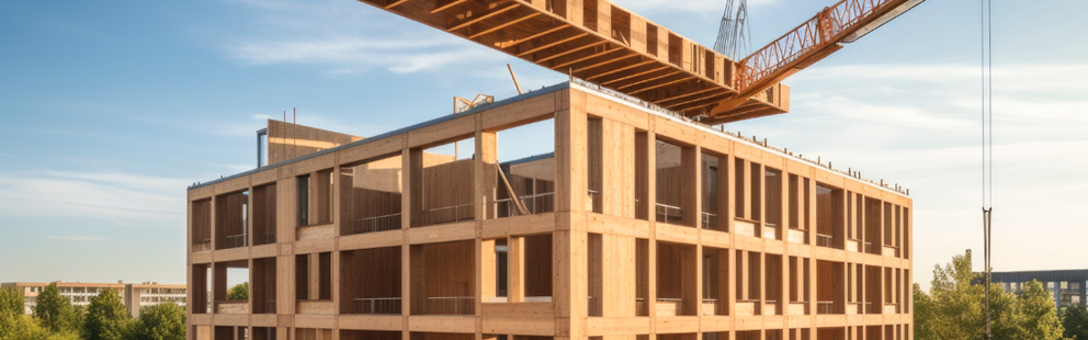 Holzgebäude im Bau mit Kran, der ein großes Bauelement hebt.