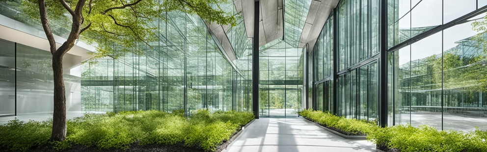 Moderne Glasarchitektur mit Innenraumbegrünung und natürlichem Licht.