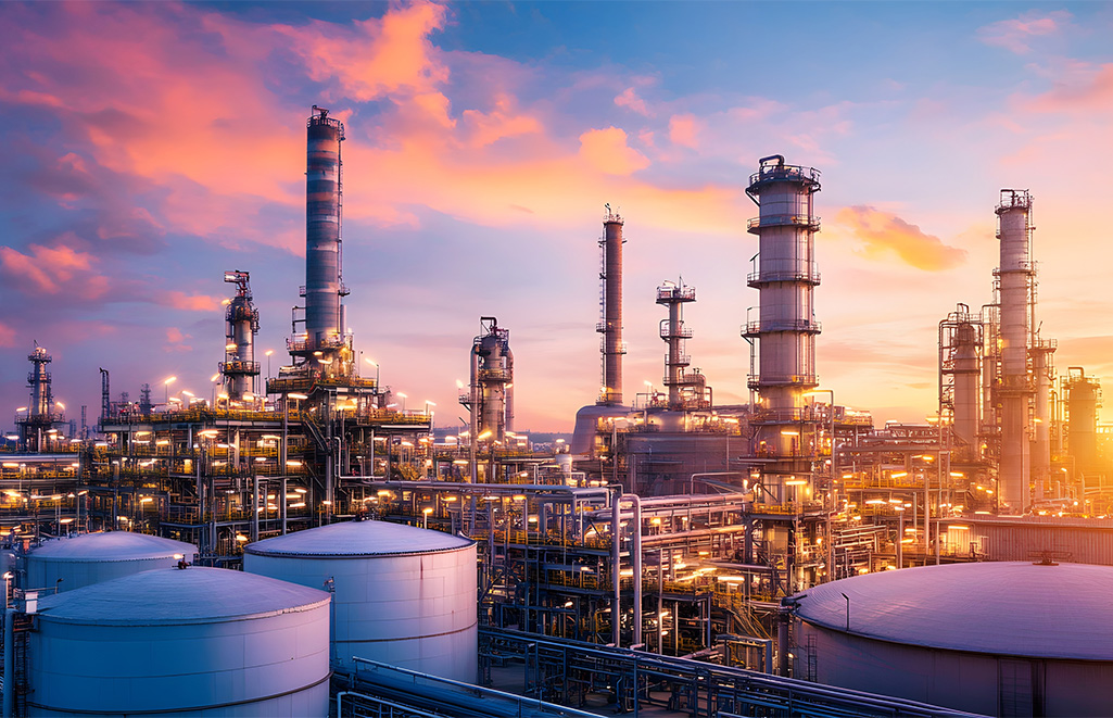 Eine große Industrieanlage bei Sonnenuntergang mit zahlreichen Türmen und Tanks.