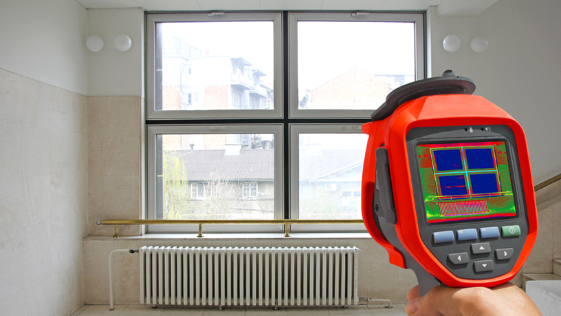 Person verwendet Wärmebildkamera zur Überprüfung der Heizleistung vor einem Fenster mit Heizkörper.