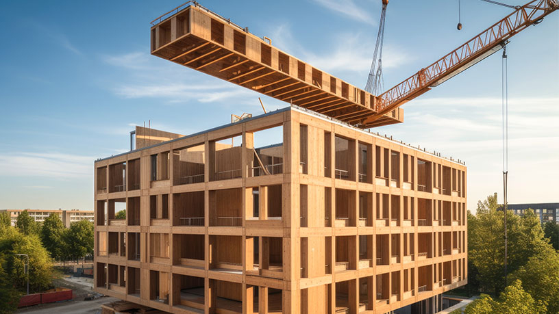 Kran hebt Holzelement auf ein im Bau befindliches Holzgebäude.