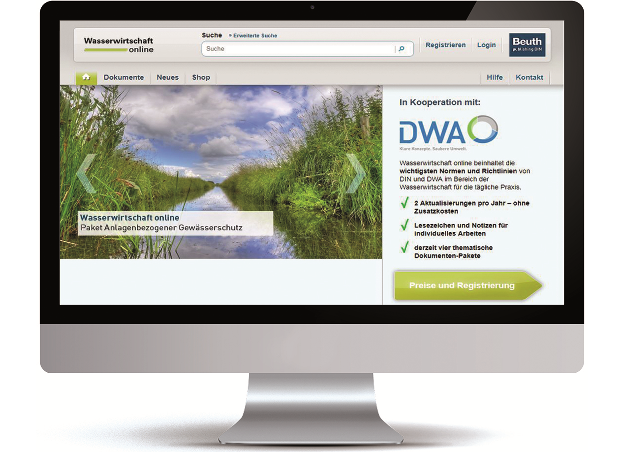 Bildschirm zeigt Wasserwirtschaft online-Portal mit DIN und DWA Normen für Gewässerschutz.