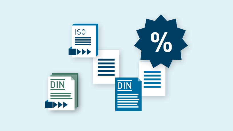 Illustration von Dokumenten mit ISO- und DIN-Standards und einem Prozentzeichen.
