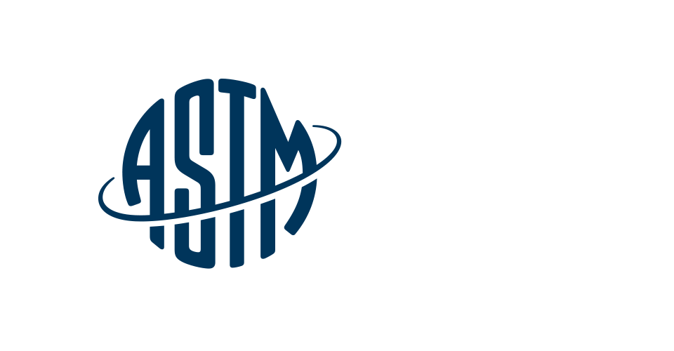 Logo der ASTM International in Blau mit stilisiertem Globus.