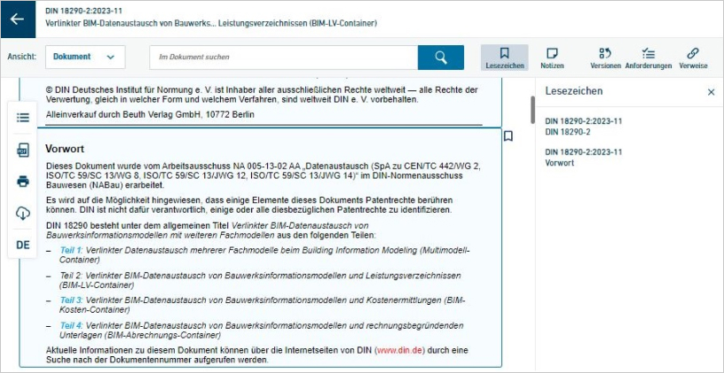 DIN Media Online-Dienste – Funktion Lesezeichen anlegen