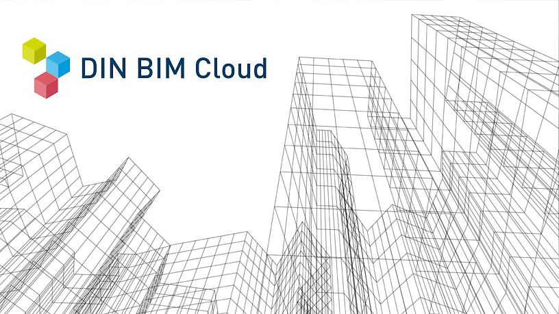 "DIN BIM Cloud" mit farbigen Würfeln und Drahtgitterstruktur von Gebäuden im Hintergrund.