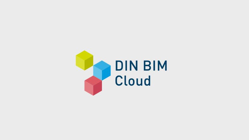 Logo "DIN BIM Cloud" mit farbigen Würfeln.