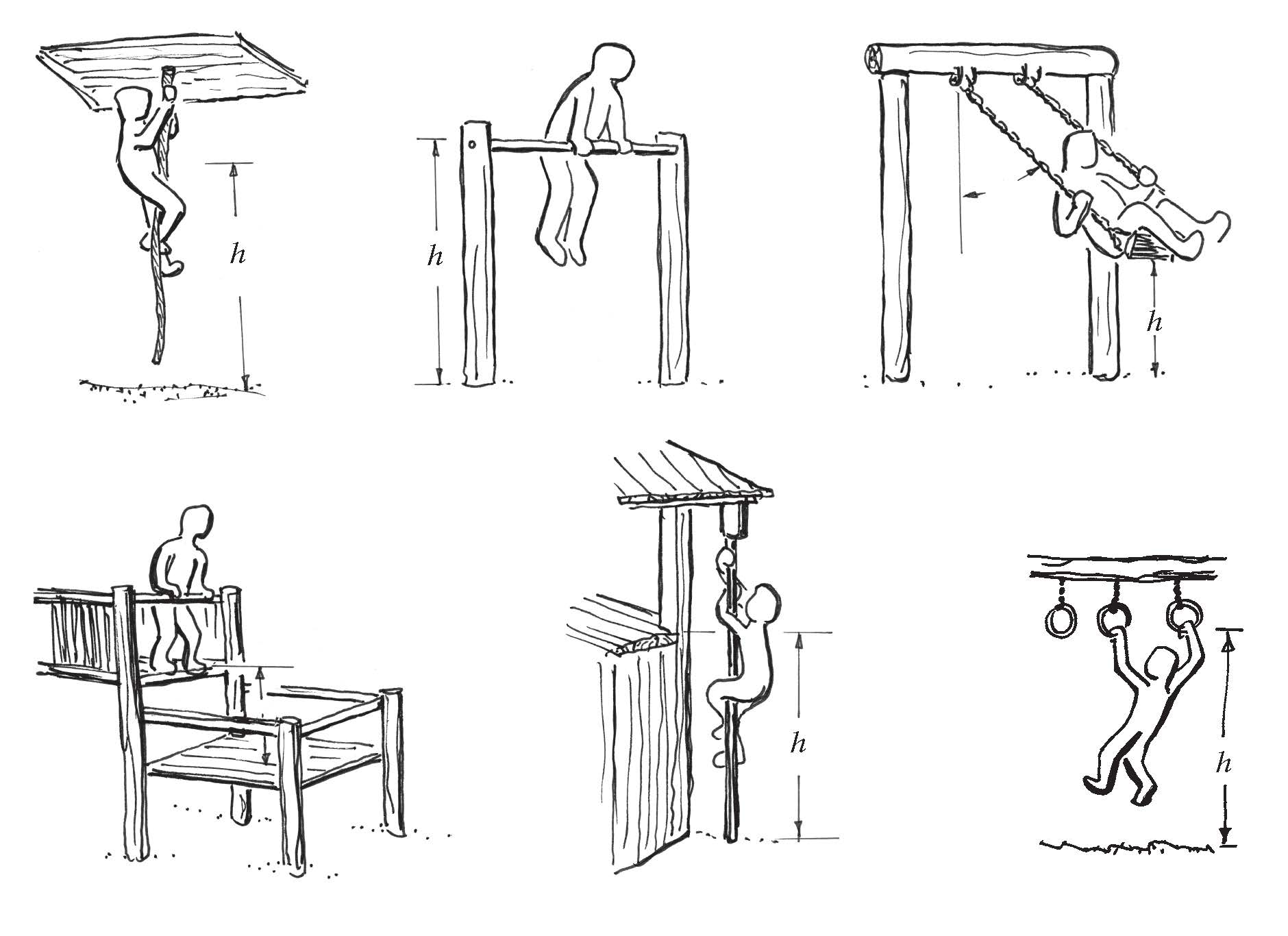 Illustrationen von Spielplatzgeräten zur Sicherheit gemäß DIN EN 1176.