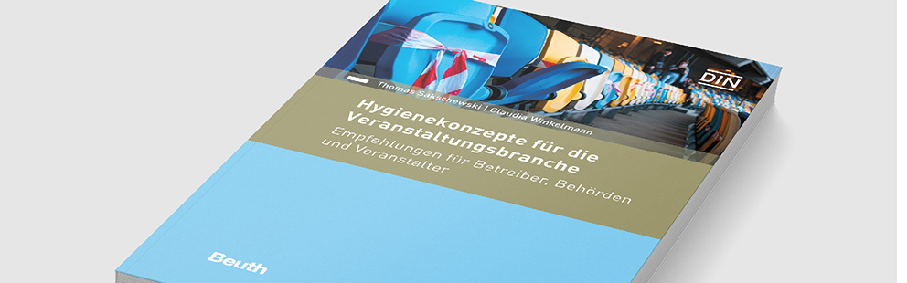 Buchcover von "Hygienekonzepte für die Veranstaltungsbranche" mit blauen und beigen Farben