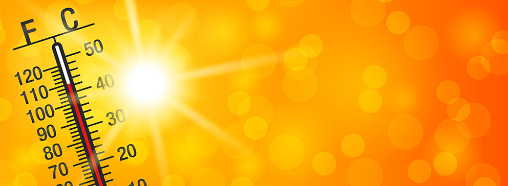 Illustration eines Thermometers, das hohe Temperaturen bei strahlendem Sonnenschein anzeigt.