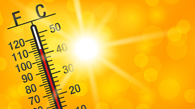 Illustration eines Thermometers, das hohe Temperaturen bei strahlendem Sonnenschein anzeigt.