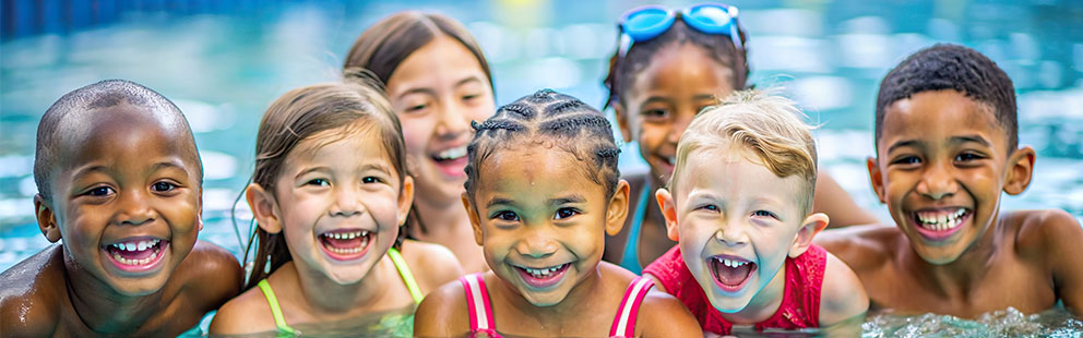 Kinder stehen fröhlich im Wasser eines Pools.