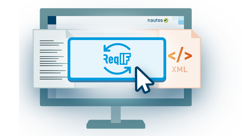 Computergrafik zeigt Nautos ReqIF-Konverter mit XML-Normen-Dokumenten