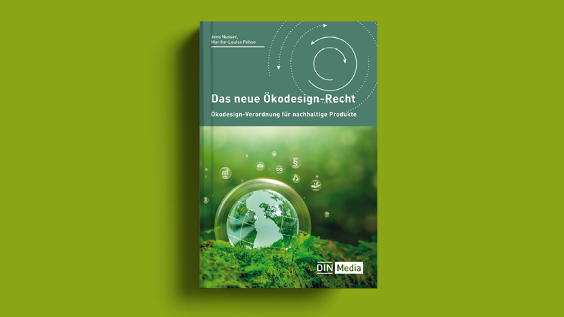 Das Buchcover von "Das neue Ökodesign-Recht" vor grünem Hintergrund