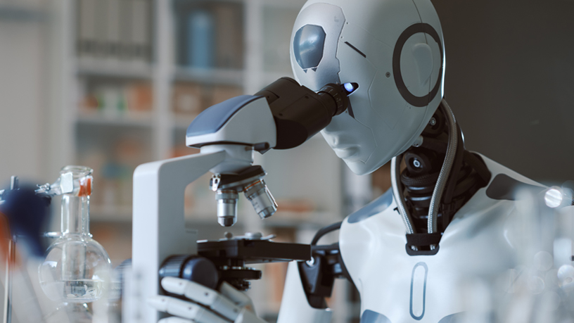 Ein humanoider Roboter untersucht eine Probe durch ein Mikroskop in einem Labor.