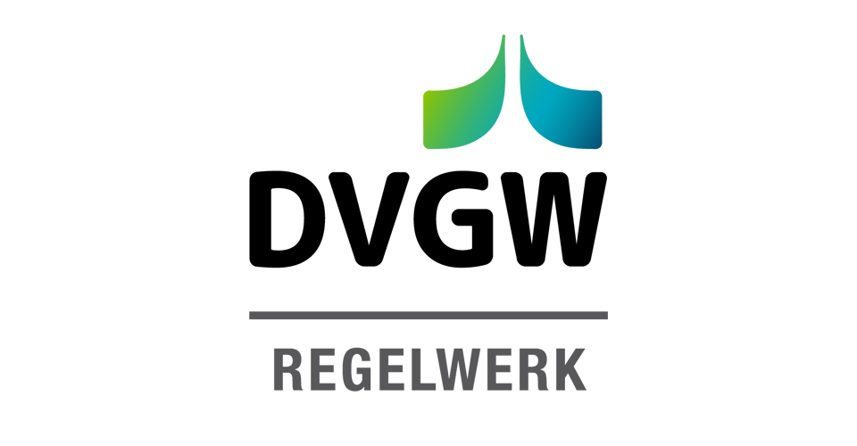 Logo des Deutschen Vereins des Gas- und Wasserfaches (DVGW), mit farbigem Symbol und Schriftzug "Regelwerk".