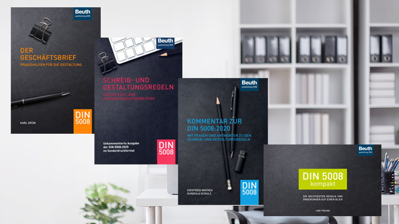 Buchcover des Angebots zur DIN 5008 vor Büro-Hintergrund