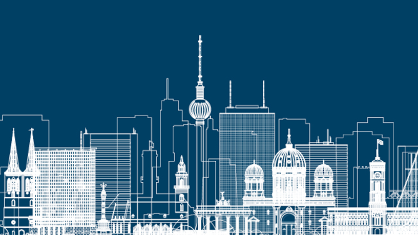 Illustration Berliner Skyline bewirbt Winter-Verlagsvorschau zu Fachbuchhandel und Einfache Sprache.