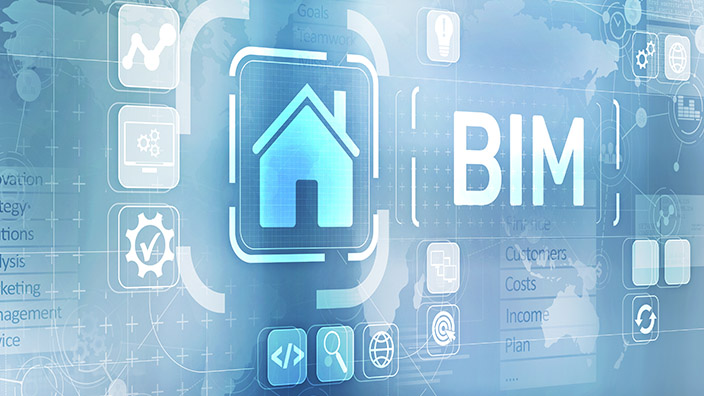 BIM-Konzept auf einem virtuellen Bildschirm.