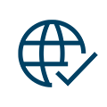 Icon mit einer Weltkugel; darin ein gesetzter Haken als Symbol für internationale Akzeptanz.