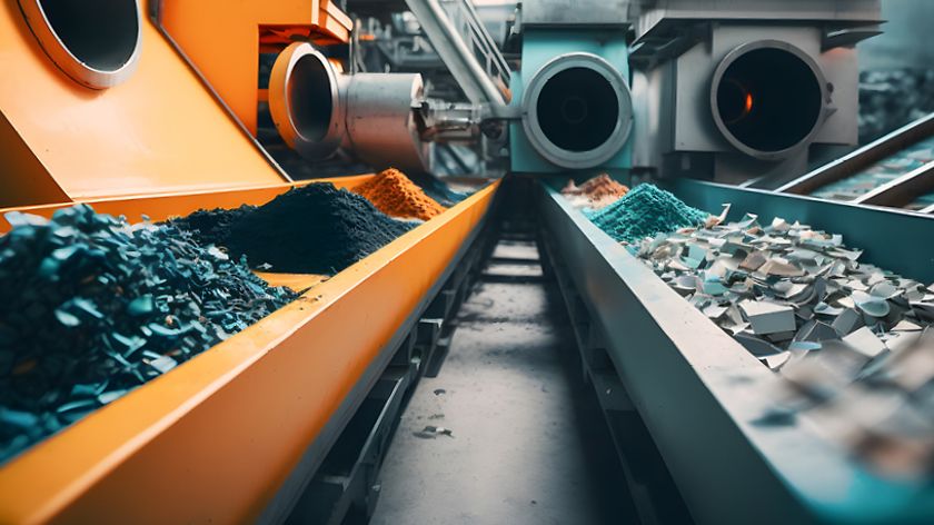 Industrieanlage, sortiert Plastik. Fließband mit zerkleinertem Plastik in unterschiedlichen Farben und Größen. 