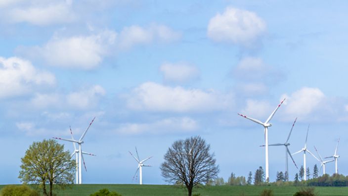 Windräder auf einer grünen Wiese unter blauem Himmel mit Wolken.