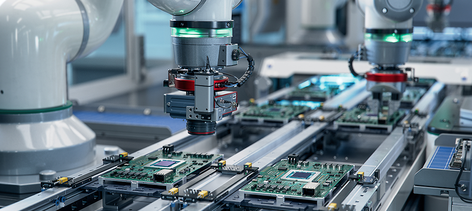 Vollautomatisierte Leiterplatten-Montagelinie ausgestattet mit hochpräzisen Roboterarmen in einer Elektronikfabrik.