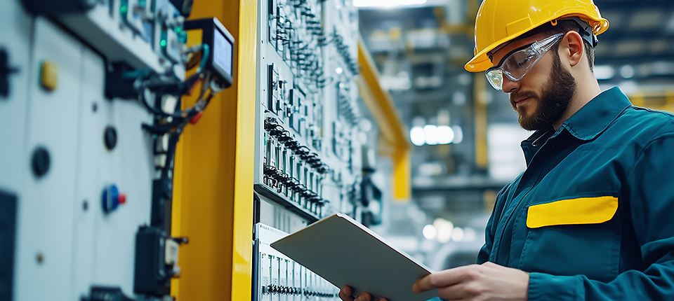 A technician inspects electrical control panels in a modern industrial facility.